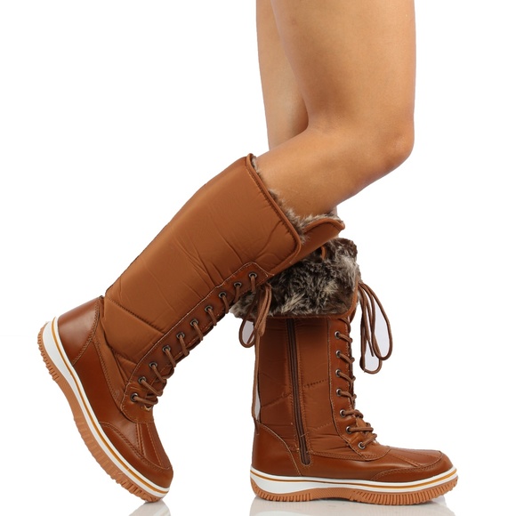 Tan Nylon Lace Up Faux Fur Cuff Winter Snow Boot - Picture 6 of 8